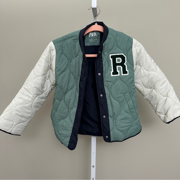 ZARA Kids Soft Quilted Lightwear Girls Letterman Jacket Green Sz 8-9 - Picture 1 of 4